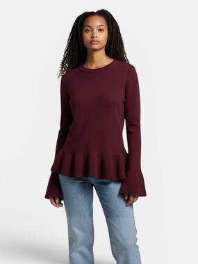 Lord & Taylor Burgundy Cashmere Sweater Ruffle Hem and Cuffs Crew Neck size S